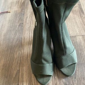Olive green open toe booties